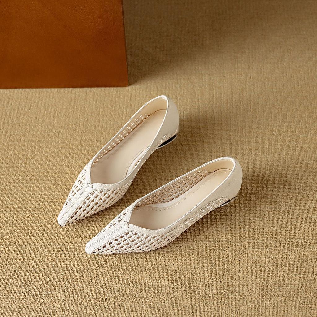 2025 New Leather French with Skirt Woven Mesh Pointed Middle Heel Hollow Breathable Single Shoes One Pedal Women's Shoes