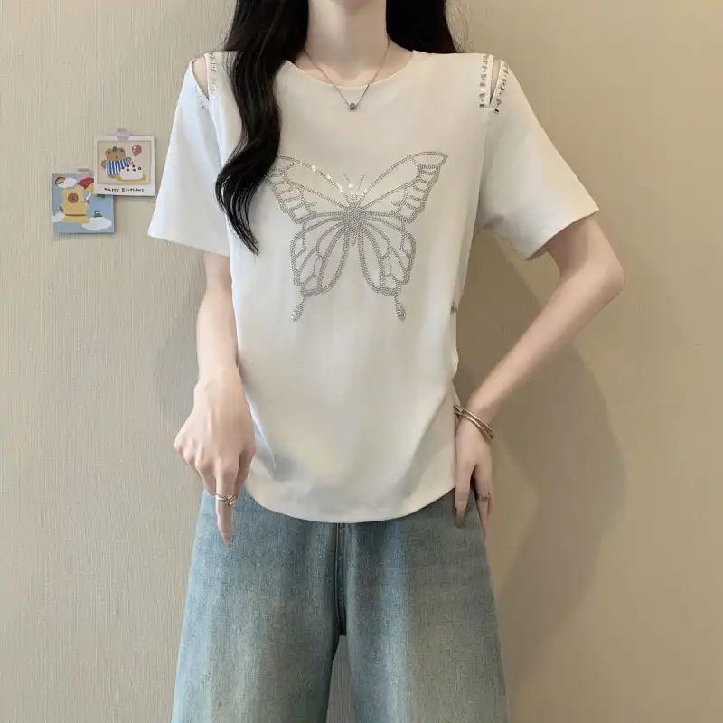 

Plus Size Women s Butterfly Hot Diamond Off-shoulder Pure Cotton Short-sleeved T-shirt Summer New Loose Top 2XL білий