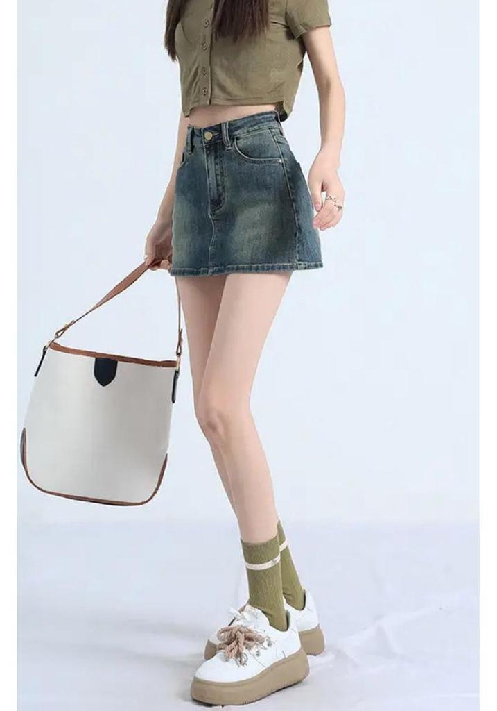 Spicy Girl Retro High-Waisted Letter Print Denim Skirt – Women's Slimming Hip-Hugging Short Skirt