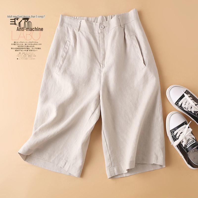Women's Cotton Linen High Waist Wide-Leg Shorts - Summer Semi-Elastic Casual Five-Point Pants