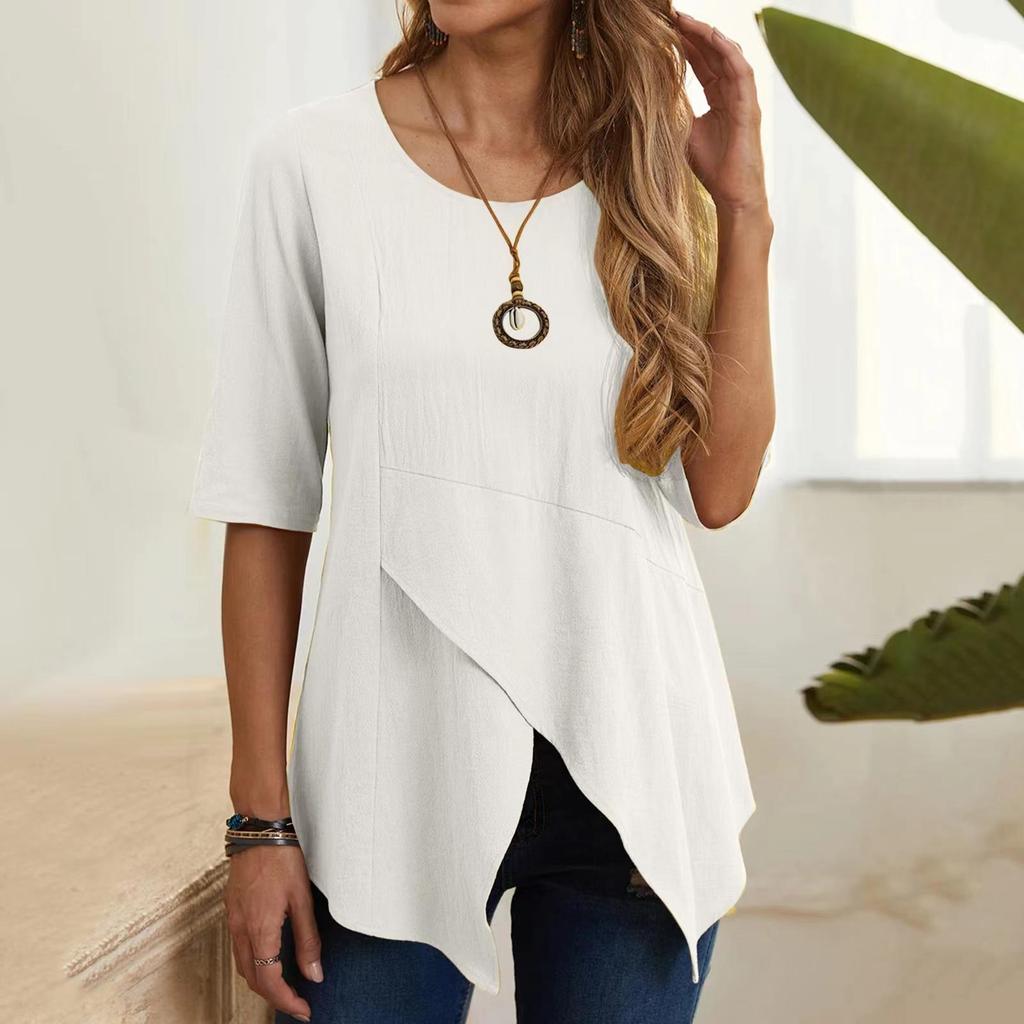 Pull Printemps Été Automne Col Rond Coupe Ajustée Manches Mi-longues Coton Lin T-shirt