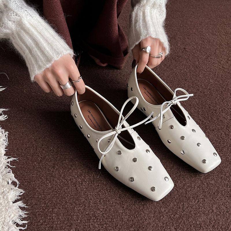 Fashion Size 34-40 Women Casual Loafers Genuine Leather Rivet Flats Shoes Thick Low Heels for Spring 2025 New Slip on Office Daily Dress