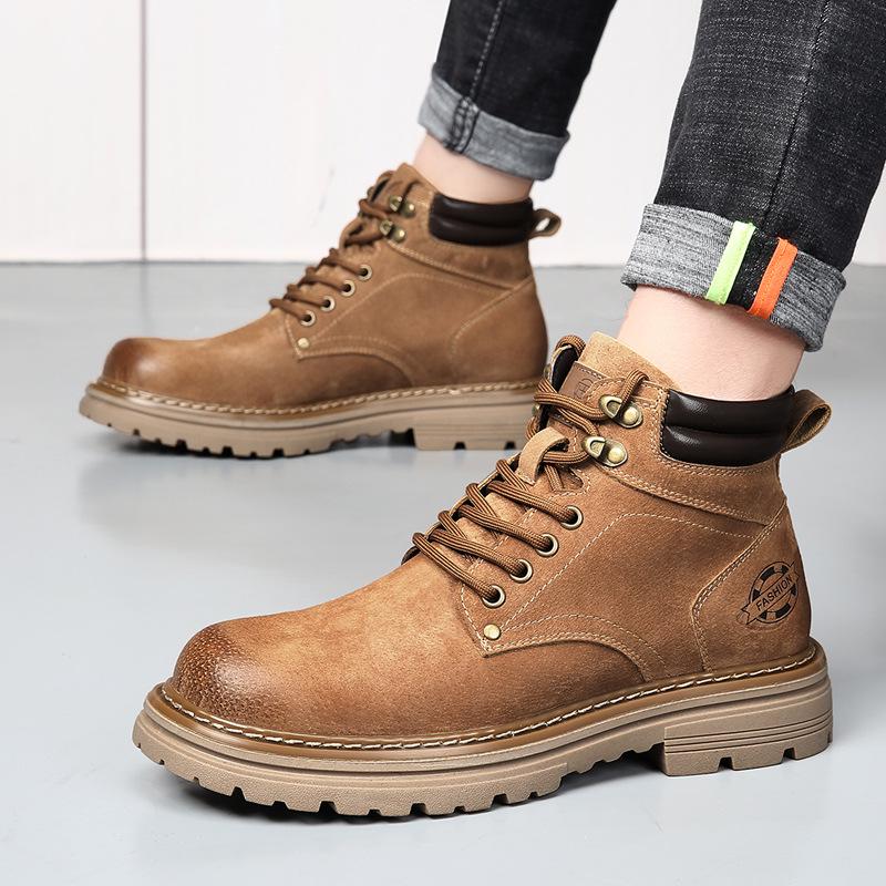 Men's High-Top Warm Genuine Leather Martin Boots - Yellow, Casual Outdoor Hiking & British Work Style for Autumn/Winter