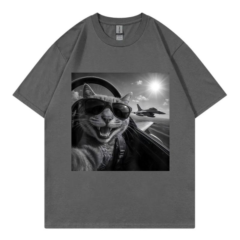 Cat Pilot Selfie Funny Meme Graphic T Shirts High Street Fashion Trend Short Sleeve Tshirts Unisex Unisex Casual 100cotton Tshirt
