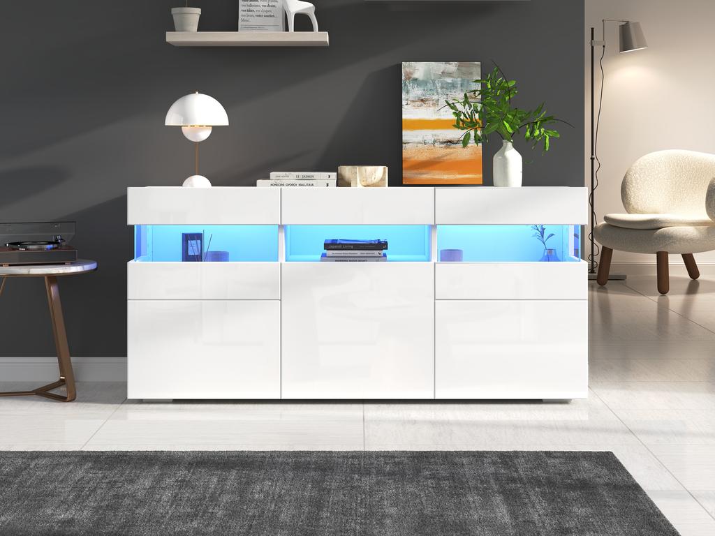 Credenza per soggiorno 140*40.5*66.5cm con 3 ante, finitura lucida, striscia luminosa a LED, acrilico trasparente, 7 scomparti, bianco
