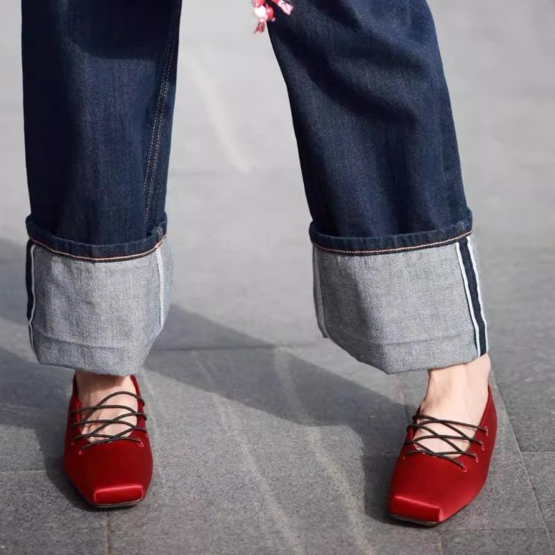 Fashion 2025 Summer Retro Satin Square Toe Lace-up Ballet Casual Outwear Flat Heel Women's Singles
