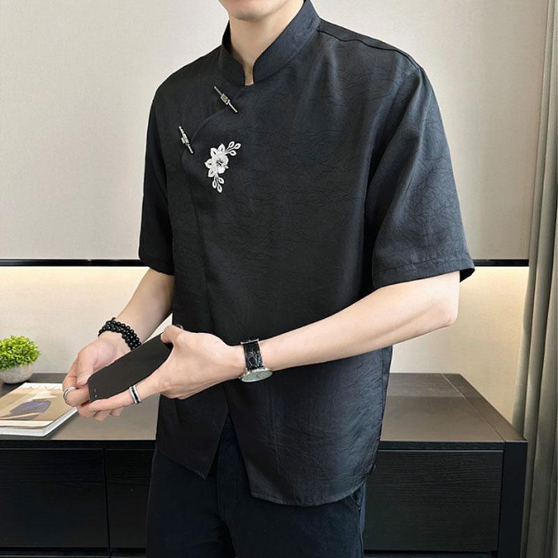 Summer Short Sleeve Shirts Stylish Floral Embroidery Men's Clothing All-match Chinese Style Stand Collar Vintage Button Shirts