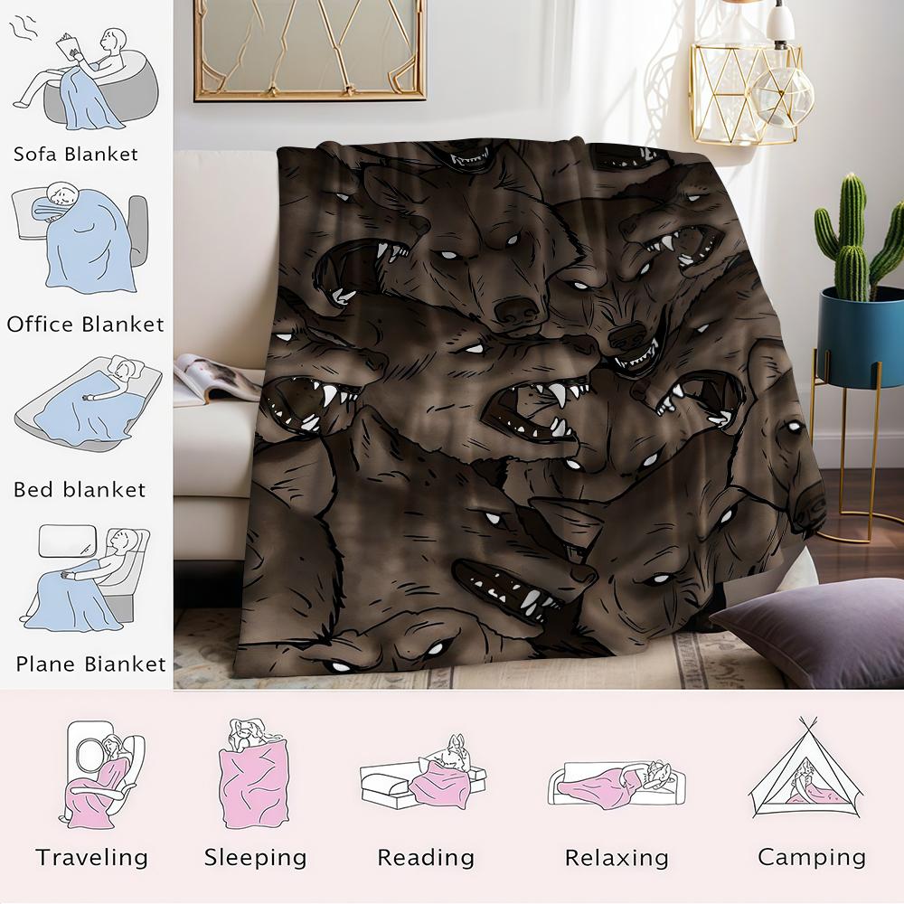 Brown Wolf Heads Flannel Blanket Warm Soft Halloween Christmas Couch Warm Cozy Decorative Decor Gift for All Season