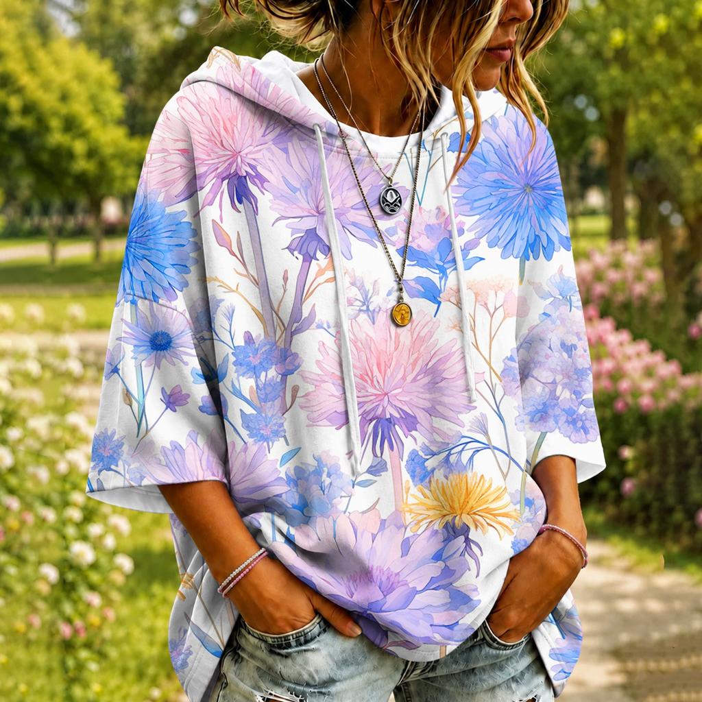 Women's Fashion Floral Print Hoodie Casual Oversized Long Sleeve Pullover Top