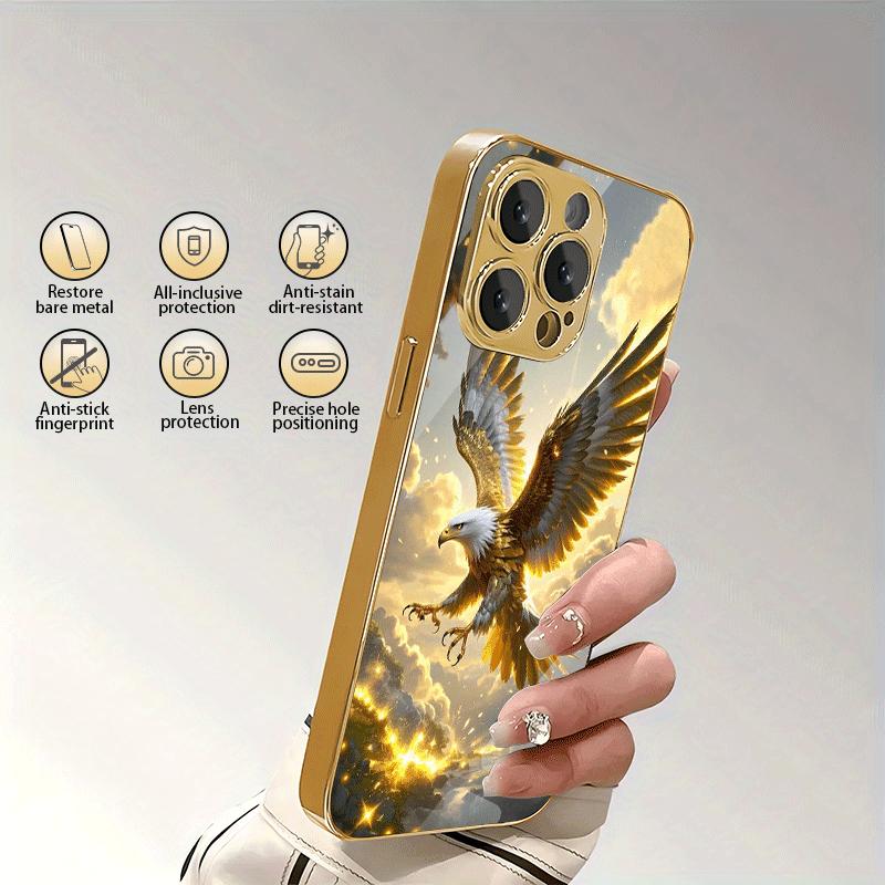 The Gold Eagle Pattern Electroplated Glass Phone Case Suitable for iPhone 17 16 15 14 13 12 11