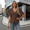 Blusas Femininas Decote V Manga Curta Fluida Camisa de Botão Único Cintura Elástica Macia Design Casual Blusa para Festa Férias Escritório Encontro