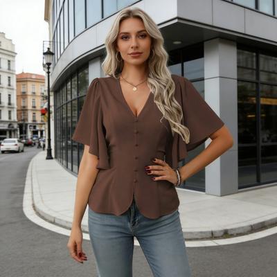 Topuri de damă cu decolteu în V, cu mânecă scurtă evazată, cu nasturi pe o parte, design elastic în talie, bluză casual pentru petrecere, vacanță, birou, întâlnire
