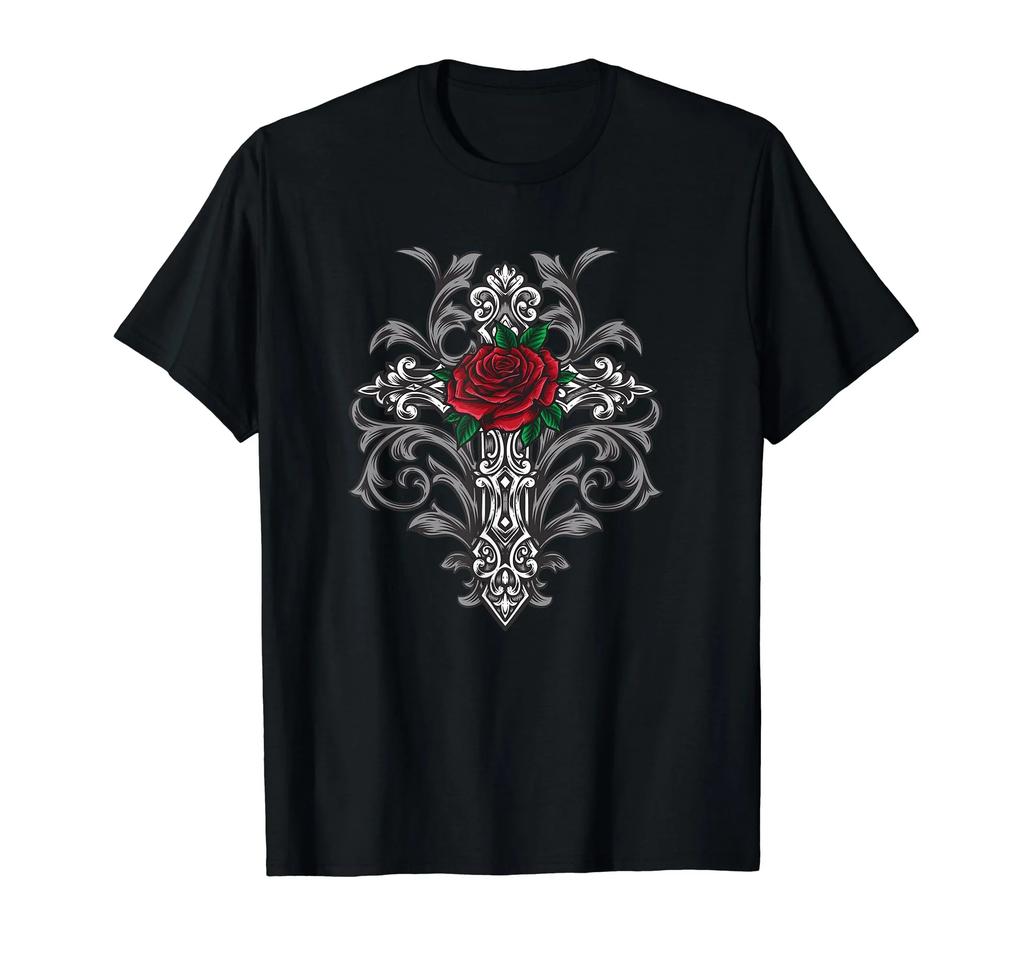 Gothic Rose Cross Graphic Tee Men's Breathable Cotton T-Shirt Short Sleeve Casual Top
