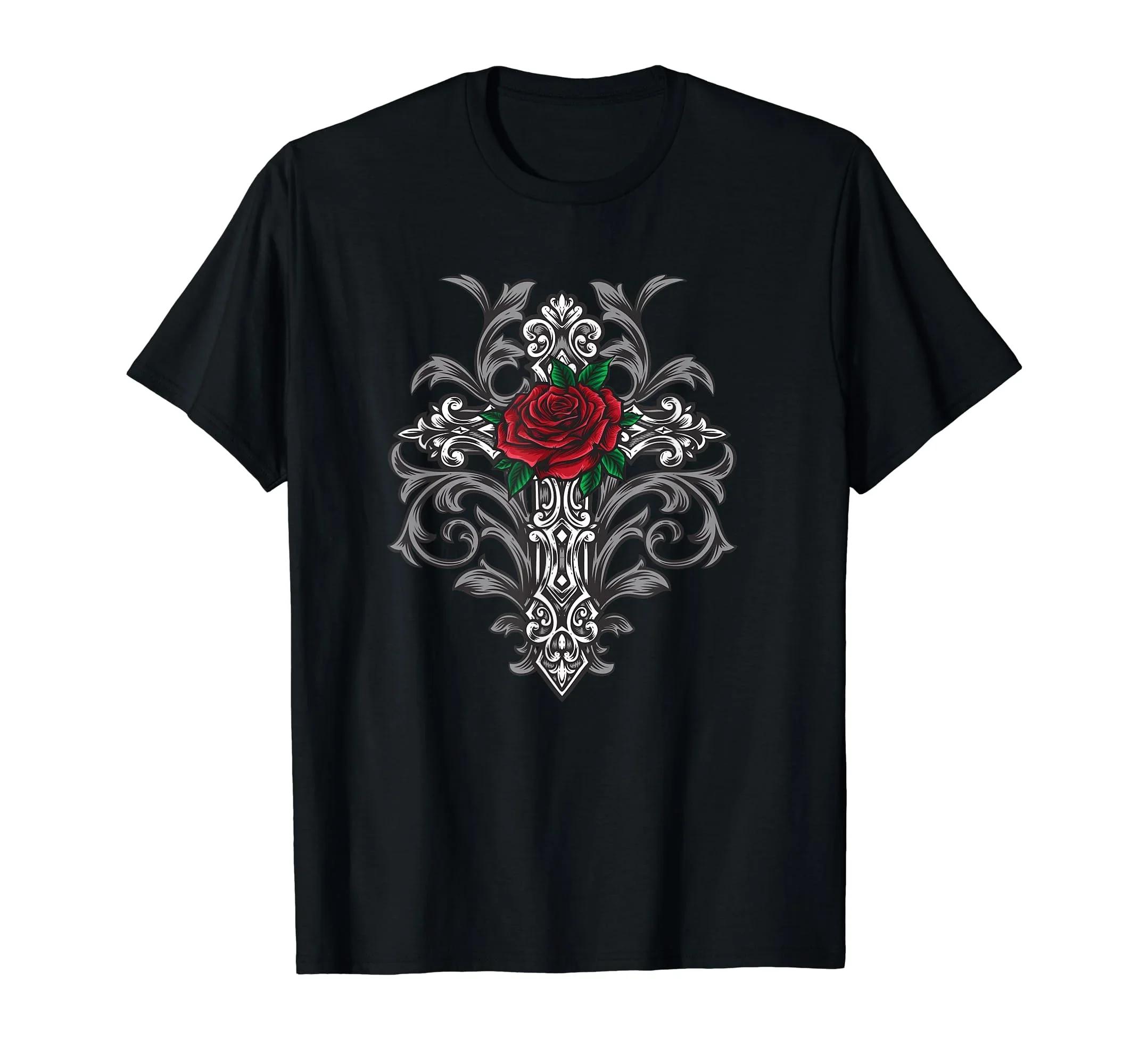 Gothic Rose Cross Graphic Tee Men s Breathable Cotton T-Shirt Short Sleeve Casual Top S чёрный