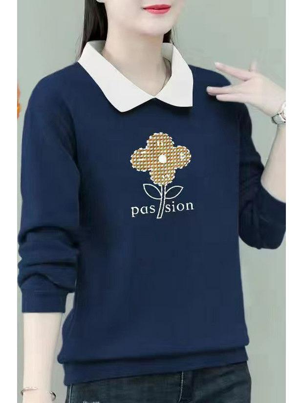 2025 Autumn/Winter Women's Plus Size Velvet Polo Collar Long Sleeve Cartoon Print Sweater
