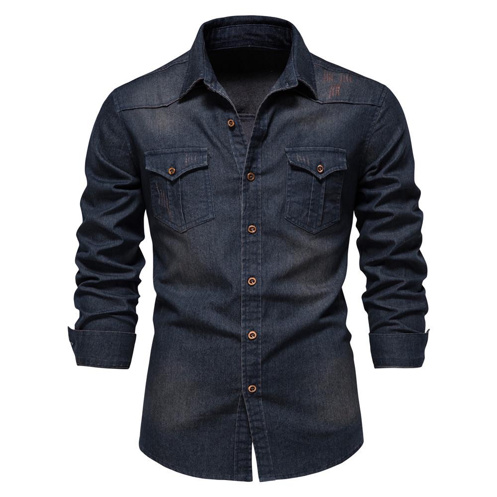 2026 Men's European Size Casual Solid Color Denim Long-Sleeve Shirt In Stock