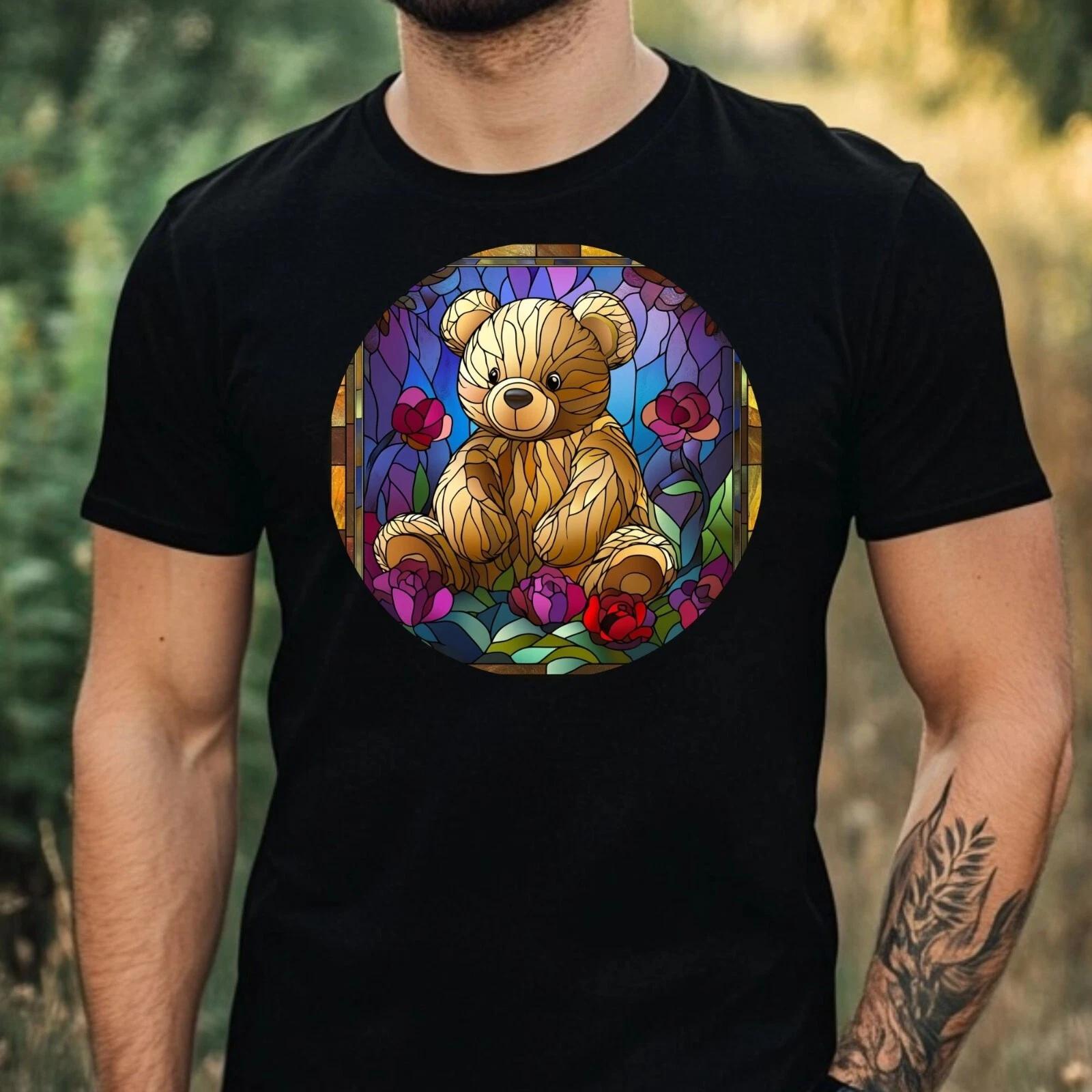 T-Shirt Herren Teddybär Buntglas Motiv Baumwolle Größe XS bis 5XL M