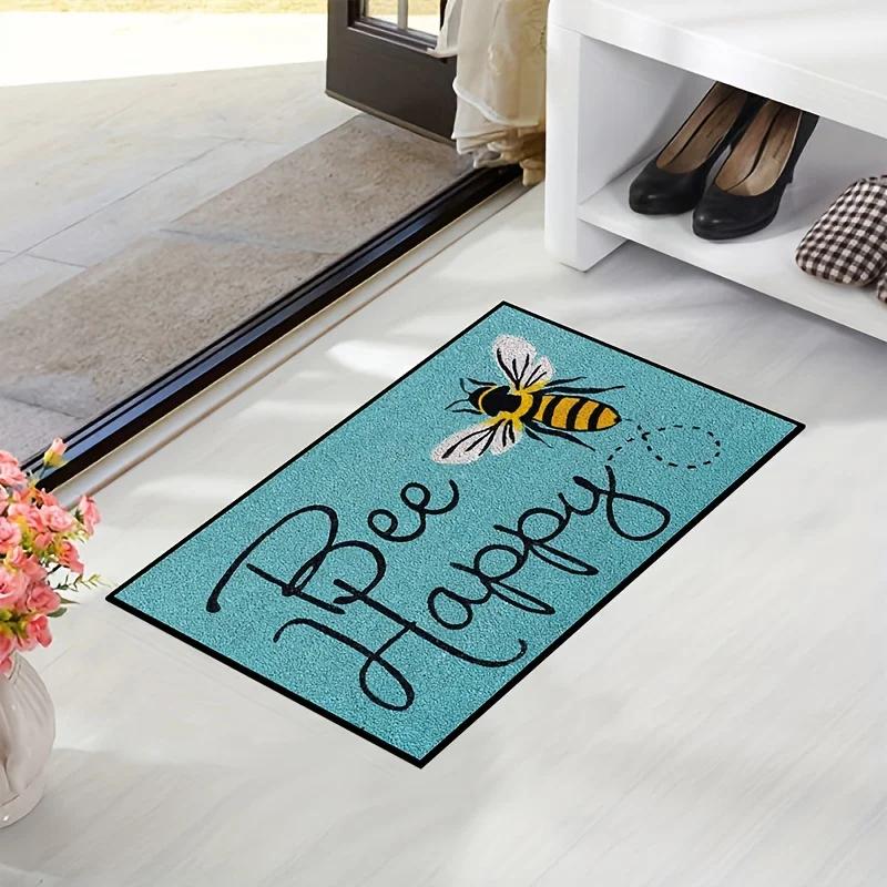 Cute Bee Welcome Mat Blue Doormat Crystal Velvet Carpet For Living Room Bedroom Floor Rug Outdoor Carpet Home Decor