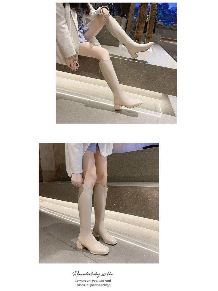 Dámské kozačky nad koleno s robustním podpatkem a čtvercovou špičkou - kolekce podzim/zima 2025