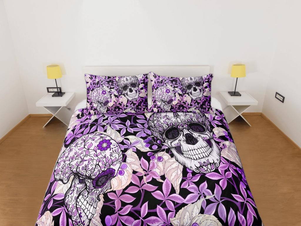 Purple Floral Skull Print Duvet Cover Set, Aesthetic Bedroom Set, Gothic Dorm Bedding, Skull Quilt Cover, Black Bedspread, Gorgeous bed set