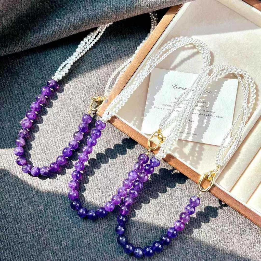 Vintage High-Quality Natural Amethyst Artificial High-Gloss Crystal Pearl Multi-Layer Design Necklace