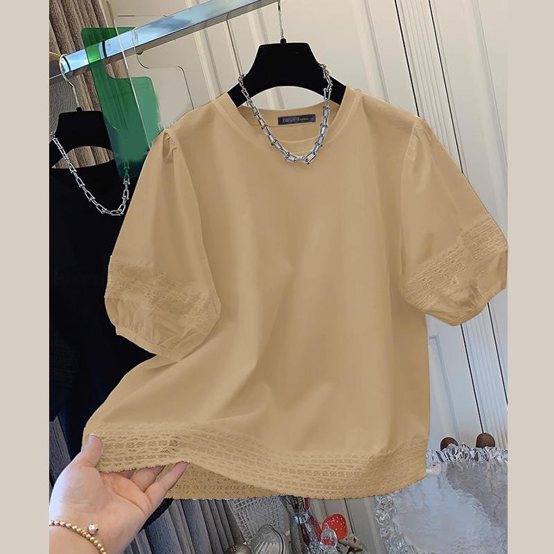 

ZANZEA Женская повседневная блузка с круглым вырезом, короткими рукавами и свободным кроем, в стиле пэчворк M хаки