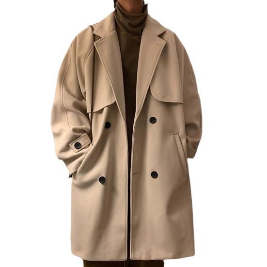 

Мужская ветровка с лацканами, длинный рукав, двубортное повседневное пальто, осень-зима, верхняя одежда средней длины, однотонное шерстяное пальто свободного кроя с карманами M абрикосовый