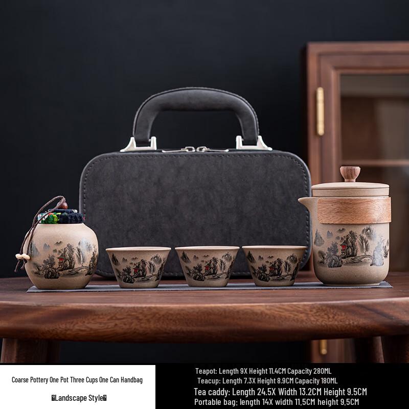 Baizi'en Coarse Pottery Portable Travel Tea Set - Landscape Lotus