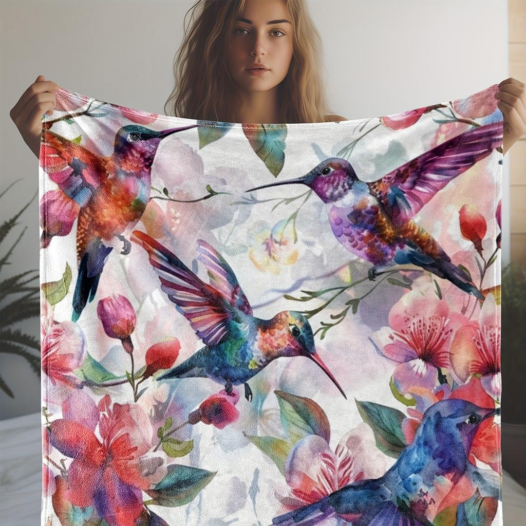 Vibrant Vintage Hummingbird Floral Print Soft Fleece Throw Blanket - Cozy Throws for Sofa, Bed, Car, Office, Camping, Travel wit