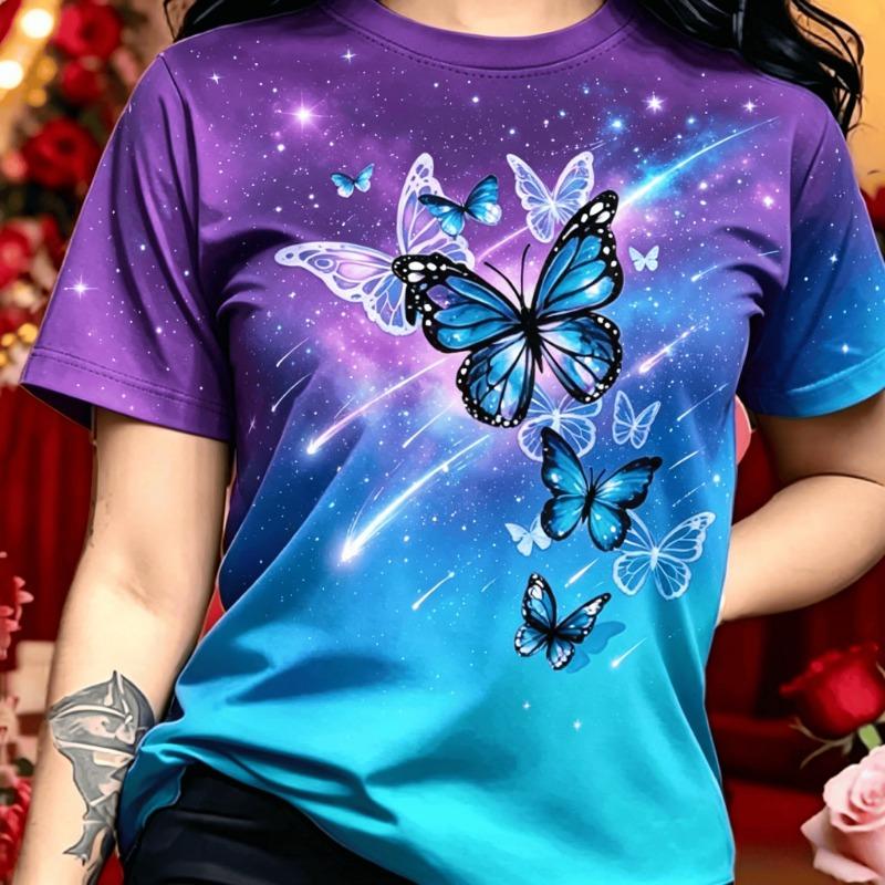 Women s round-neck floral and butterfly-print T-shirt with pockets S