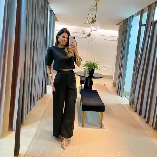 Summer Chic Solid Color Short-Sleeve Suit & Pants Set