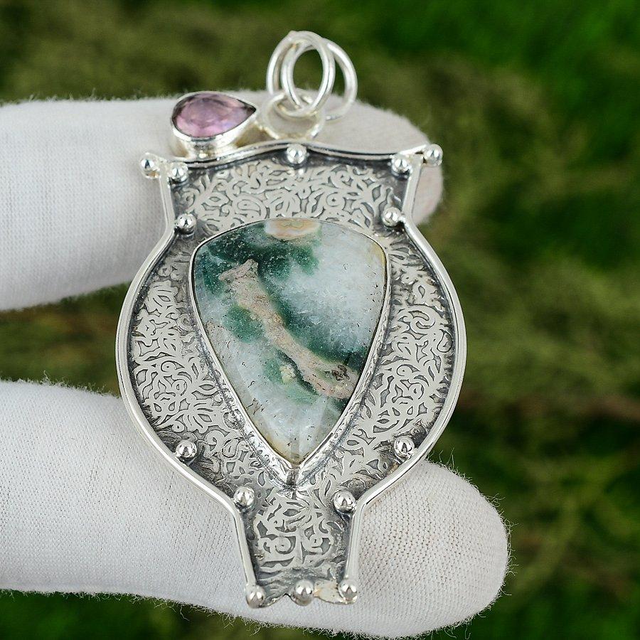 Friendship Day Sale Natural Tree Agate Pink Topaz Pendant 925 Sterling Silver