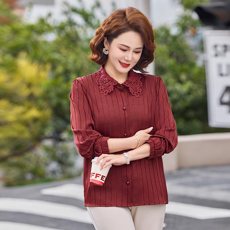 

2026 Stylish Lapel Shirt for Middle-Aged & Elderly Women - Spring/Autumn Long Sleeve, Slimming & Age-Reducing Design 3XL (Recommended for 120-135 jin) вина червоного кольору