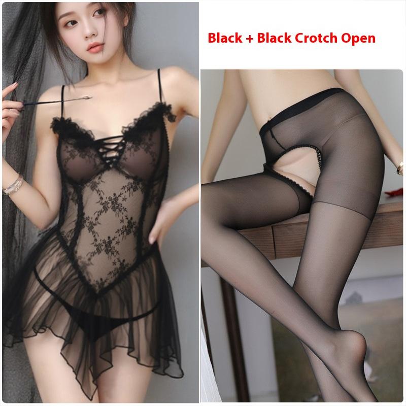 Sexy Lingerie Sexy Lace Mesh Splicing Perspective Dress Deep V Flirting Bed Female Seduction Nightgown Pure Passion
