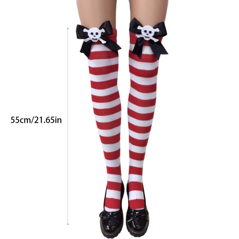 Festival-Schleifenakzent Gestreifte Lange Socken für Damen Weihnachtsfeiern Cosplay Oberschenkelhoch Über dem Knie Strümpfe Strumpfwaren