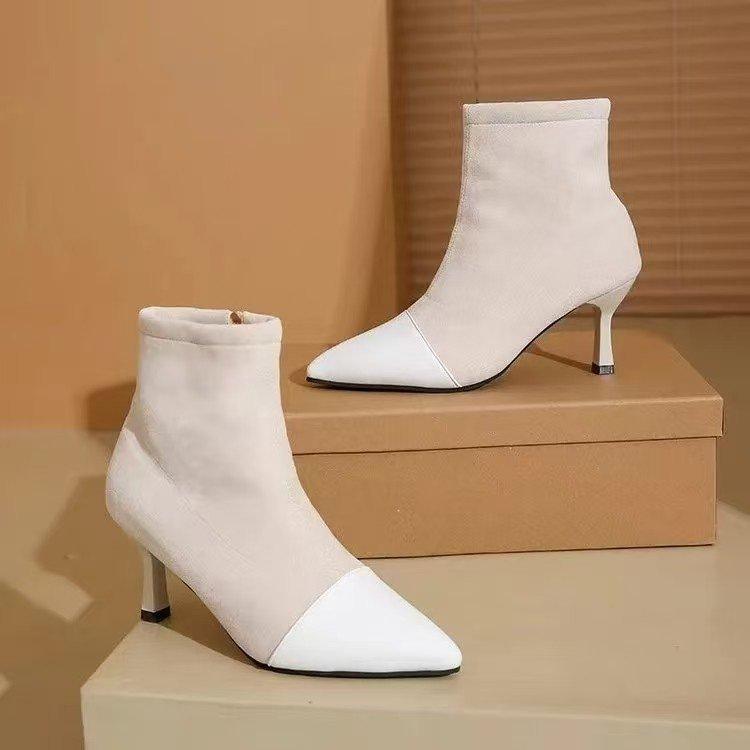 Pointed thin heel short boots autumn new French temperament elastic high heel socks boots thin heel boots
