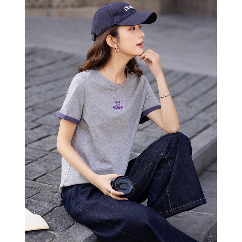 Damen Baumwolle Color-Block Bestickt Pailletten Kurzarm T-Shirt