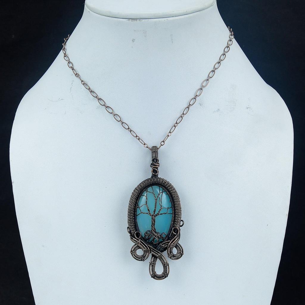 Blue Chalcedony 999 Copper Wire Wrapped Pendant, Handmade Gemstone Pendant Jewelry, Gifts For Wife Brand New Pendant