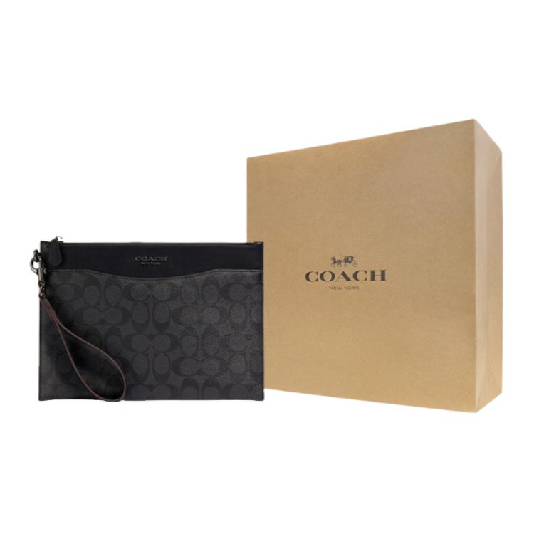 Coach Beckett 28 Monogram Zip Leather Document Clutch Medium Men Clutch Black Brown 91285-JILWO