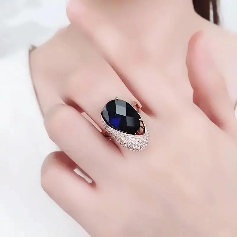 Anillos de Compromiso de Zafiro Cristal Elíptico Exagerado Brillante para Mujer Chapado Oro Rosa Amuletos Estilo Punk Lujo Zirconia
