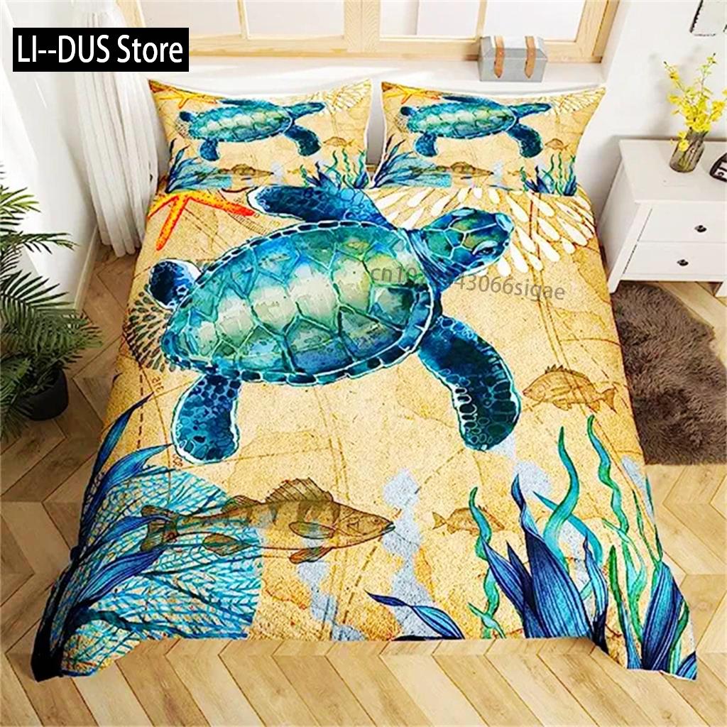 Sea Turtle Duvet Cover Green Blue Ocean Bedding Set Colorful Underwater World For Kids Child Women Nautical Sea Animal Reptile