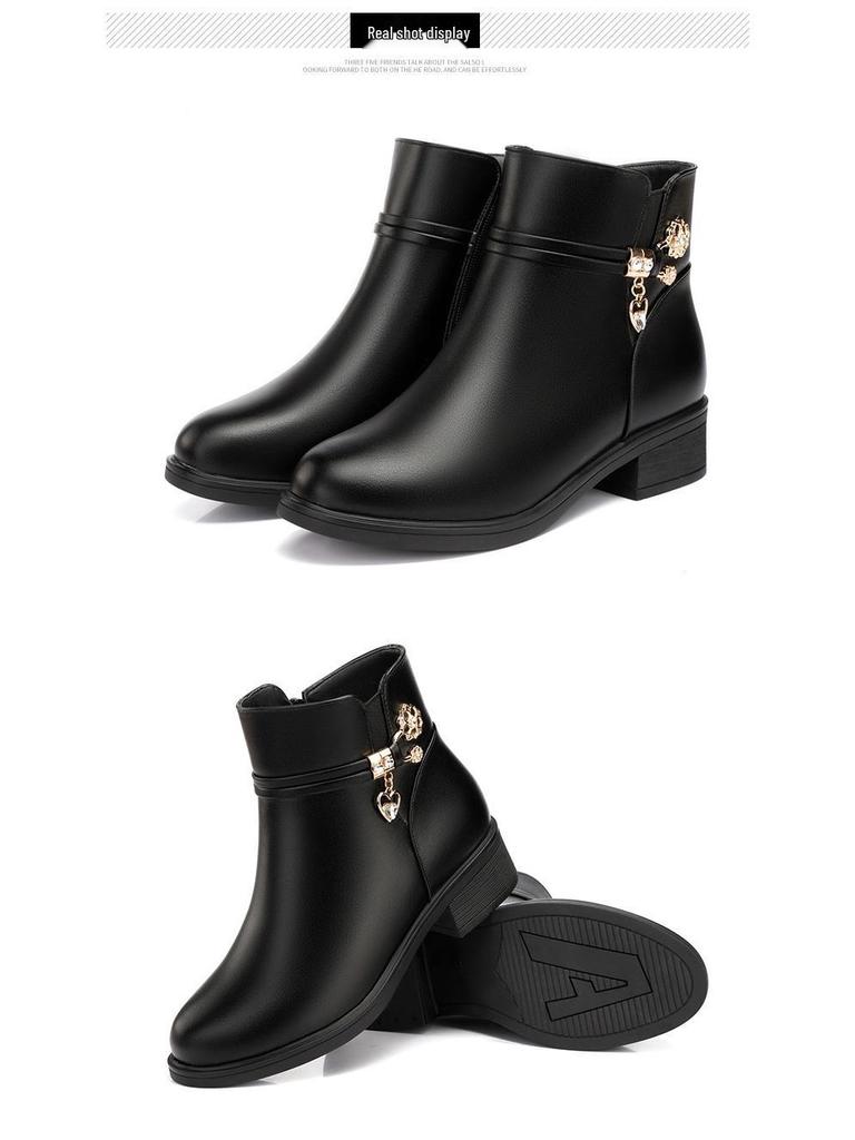 Dámské bavlněné kotníkové boty: Měkká kůže, nízký podpatek, plus samet na podzim a zimu 2021