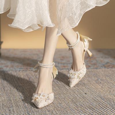 New Pearl Ankle Strap Bow Heels Designer Stiletto High Heels Women Pumps Wedding Shoes Bride Ladies Party Prom Shoes