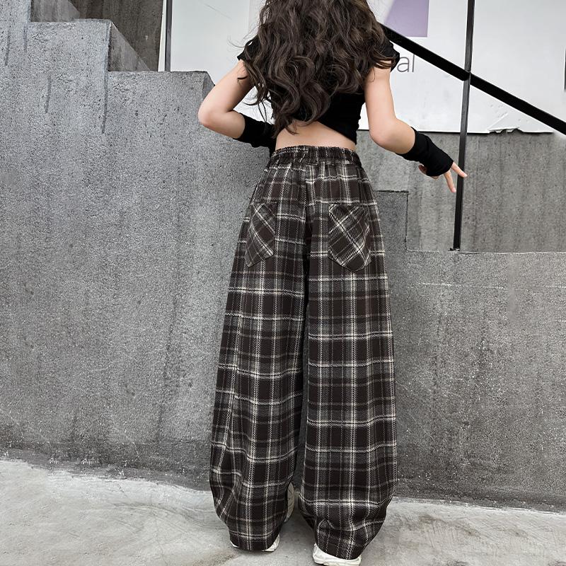 Kids Spring Autumn Plaid Pants for Teenage Girls Causal Loose Straight Drawstring Trousers Child Fashion Sweatpants 5-14Y