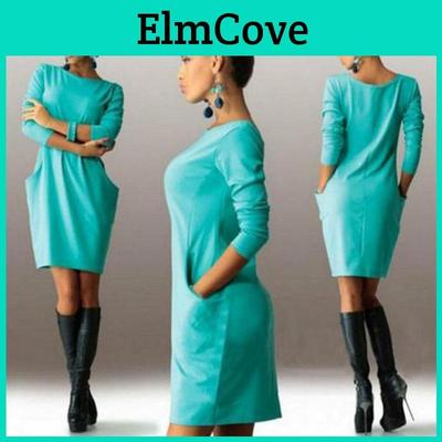 Elegant Summer Solid Casual O Neck Long Sleeve Bodycon Dress With Pockets