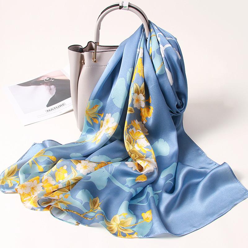 Women 100% Real Silk Long Scarf Luxury Flower Print Chinese Silk Headband Scarves  Natural Silk Shawls Wraps Foulard Femme