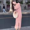 Soft Pink V-Neck Long Sleeve Knit Dress A-Line Loose Waist Womens Elegant Outfit