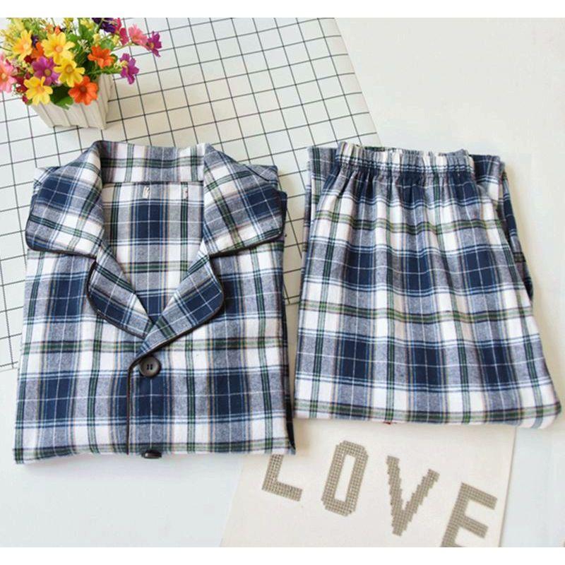 

Men s Brushed Pajamas Spring and Autumn Cotton Long-Sleeved Trousers Blue Gray lattice XXL