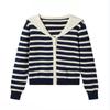 A New Autumn Knitted Cardigan for Women with A Contrasting Color Navy Collar and Stripes, Making Them Look Slimmer