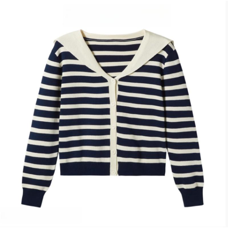 A New Autumn Knitted Cardigan for Women with A Contrasting Color Navy Collar and Stripes, Making Them Look Slimmer